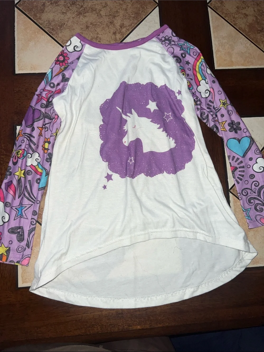 Girls White & Purple Unicorn Raglan Sleep Top